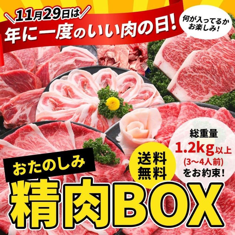 ジューシーの日限定　送料無料　おたのしみ精肉BOX【精肉のみ　総重量１．２ｋｇ以上　３～４人前　詰め合わせ　送料無料】